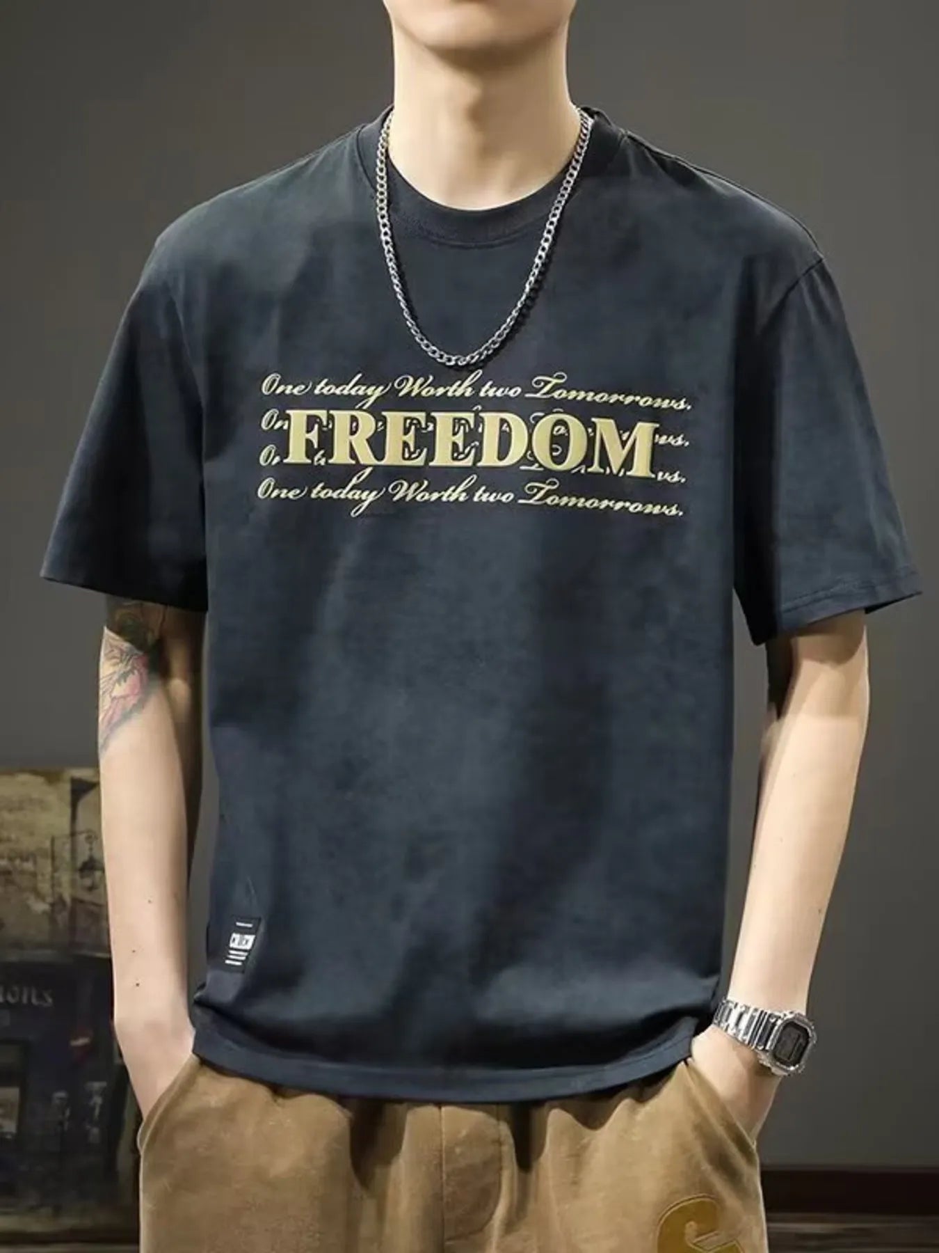 Men's Full Size Freedom Vintage Round Neck T-Shirt Plus Size Trendsi