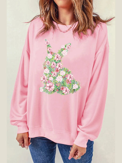 Floral Bunny Round Neck Long Sleeve Sweatshirt nicholesgifts