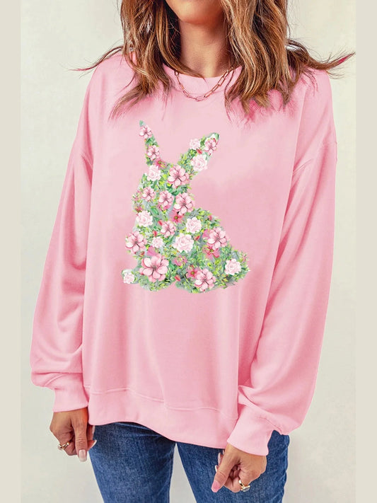 Floral Bunny Round Neck Long Sleeve Sweatshirt Trendsi