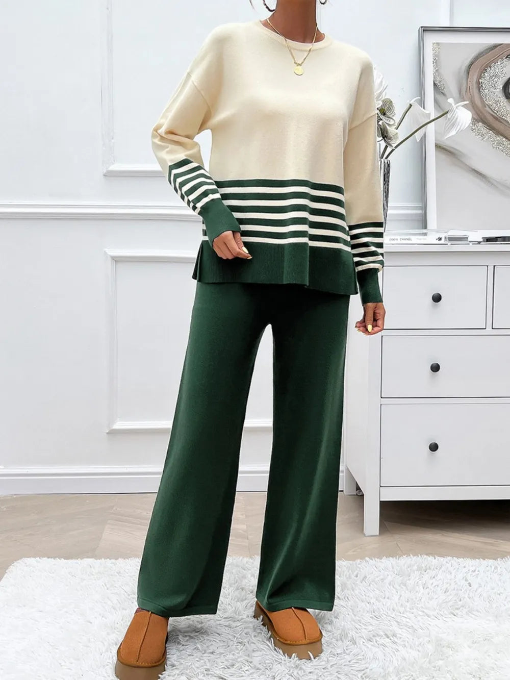 Devine Slit Striped Round Neck Top and Pants Sweater Set nicholesgifts