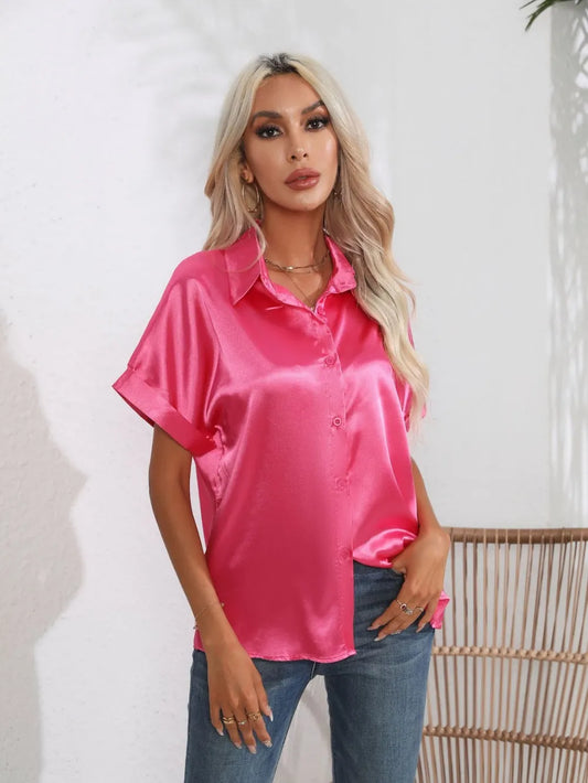 Button Down Collared Neck Short Sleeve Satin Shirt Trendsi