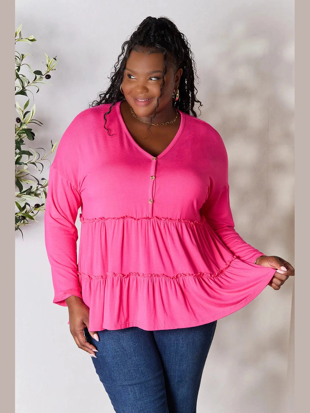 Double Take Half Button Long Sleeve Ruffle Hem Blouse nicholesgifts