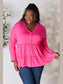 Double Take Half Button Long Sleeve Ruffle Hem Blouse nicholesgifts