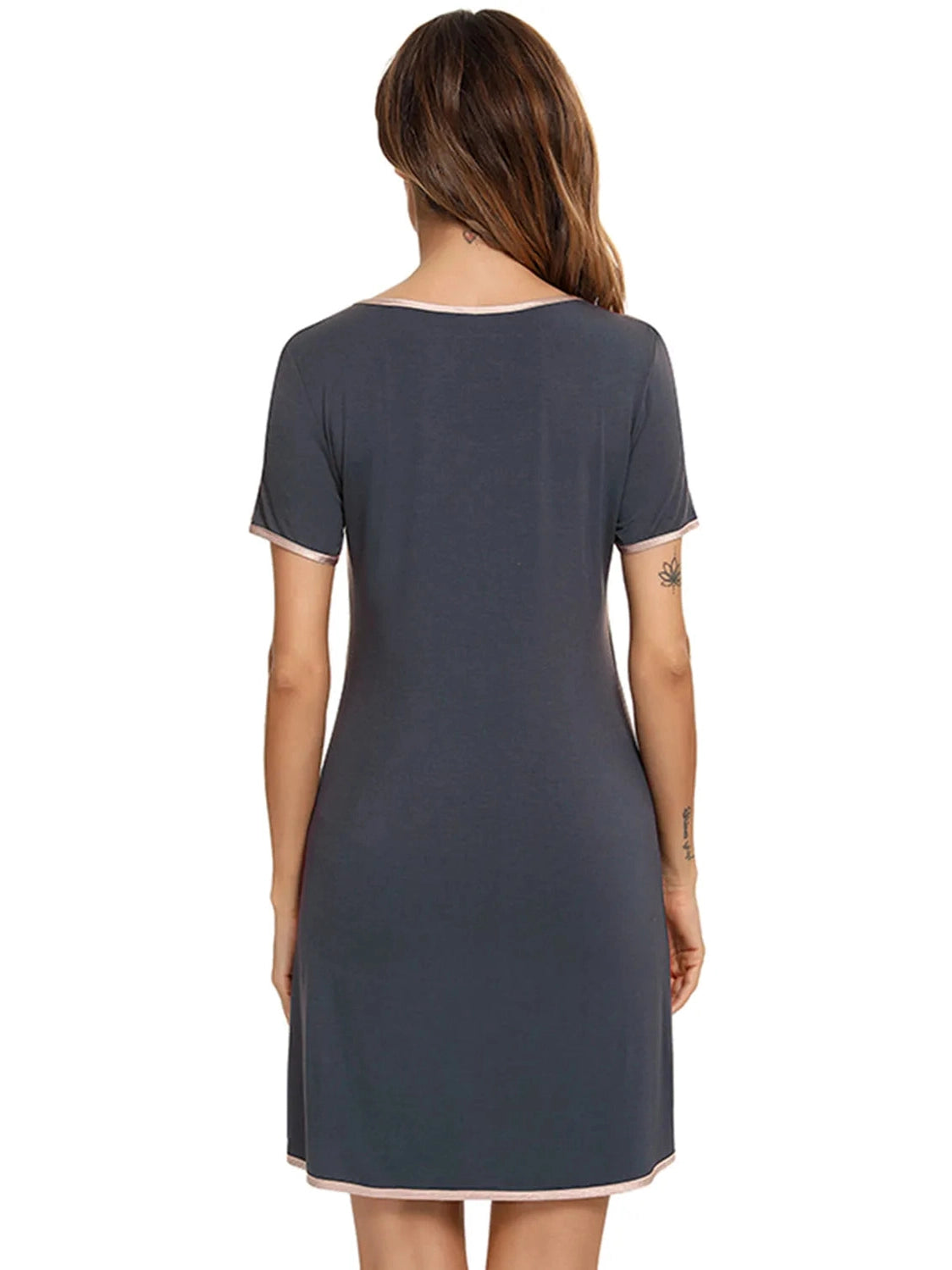 Contrast Trim Pocketed Round Neck Lounge Dress nicholesgifts