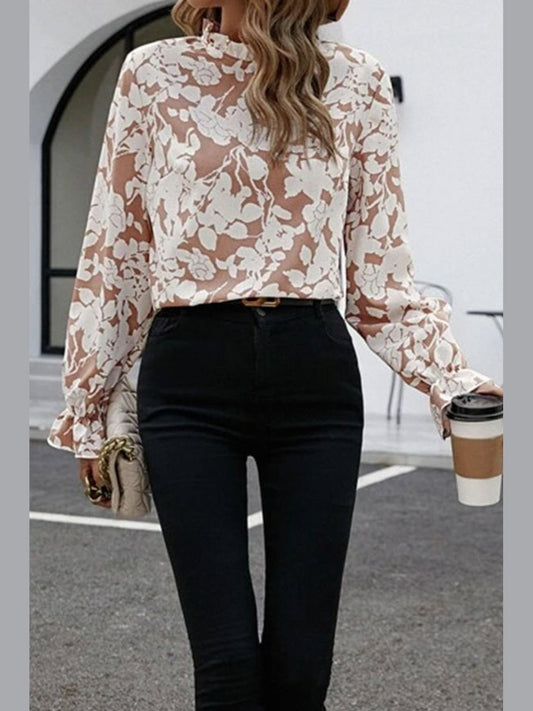 Floral Print Mock Neck Flounce Sleeve Blouse