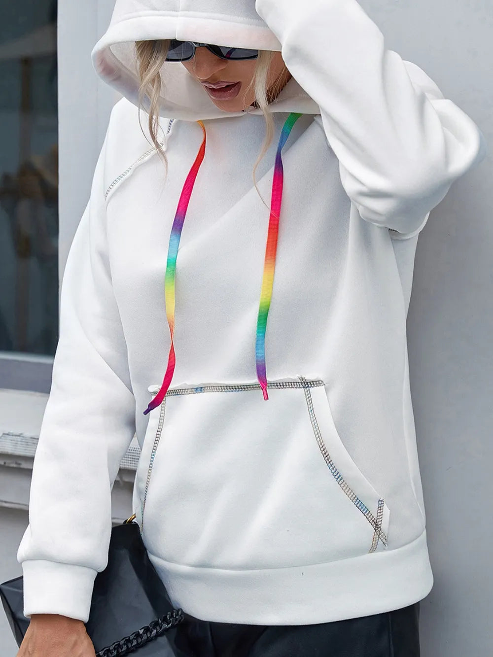 Ivy Lane Contrast Stitching Drawstring Raglan Sleeve Hoodie Trendsi