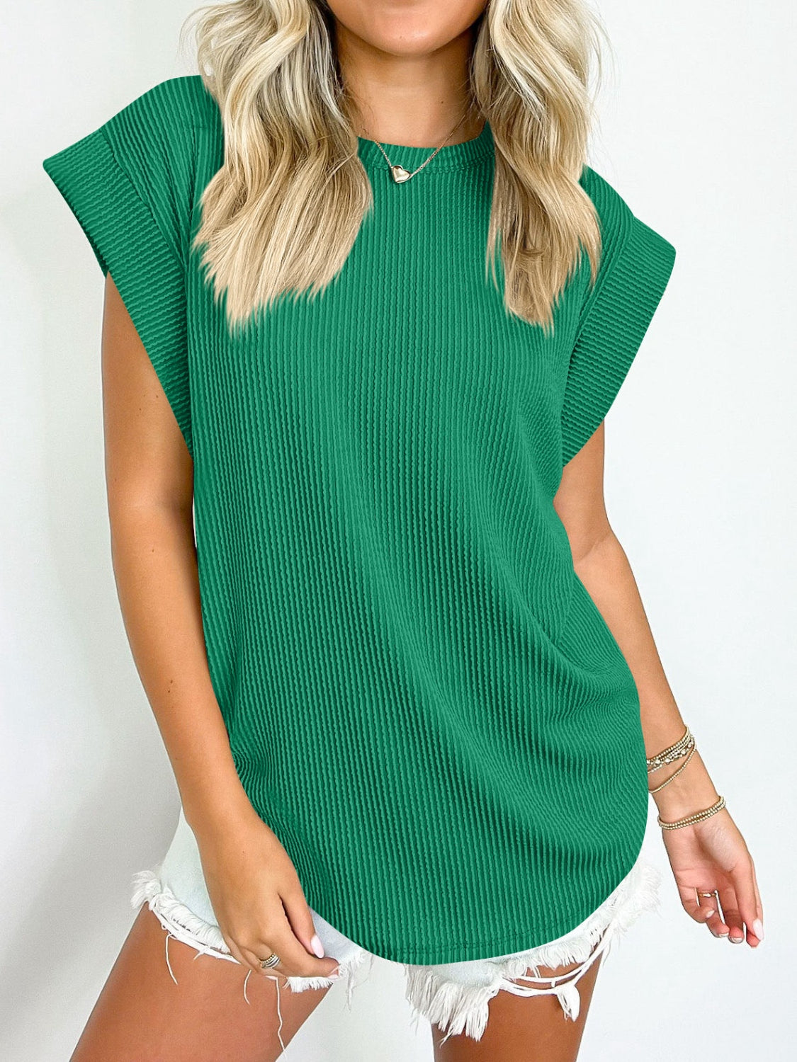 Textured Round Neck Cap Sleeve Blouse nicholesgifts