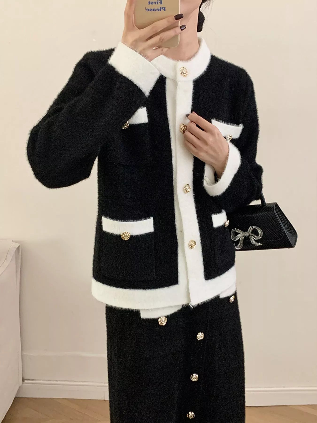 Contrast Trim Jacket and Skirts Sweater Set nicholesgifts
