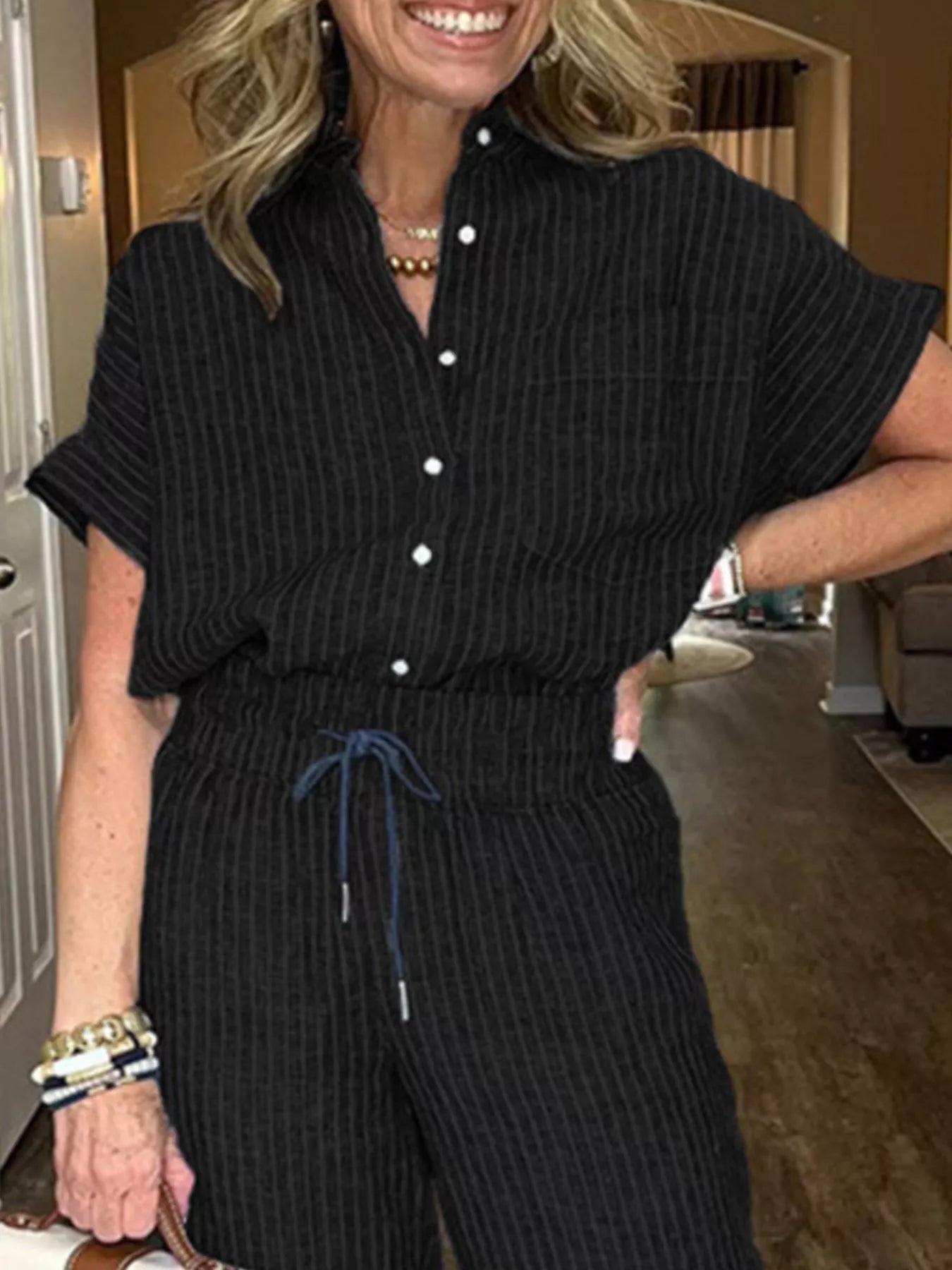 Full Size Striped Button-Up Shirt and Wide Leg Pants Casual Set Plus Size Trendsi