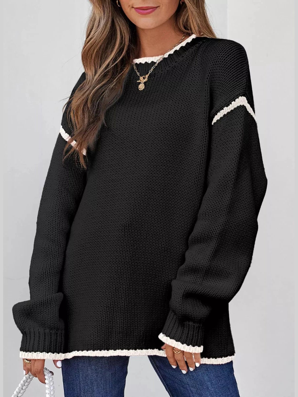 Contrast Trim Long Sleeve Sweater Trendsi