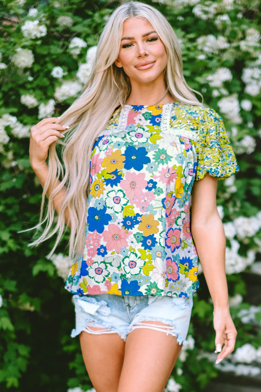 Printed Round Neck Puff Sleeve Blouse nicholesgifts