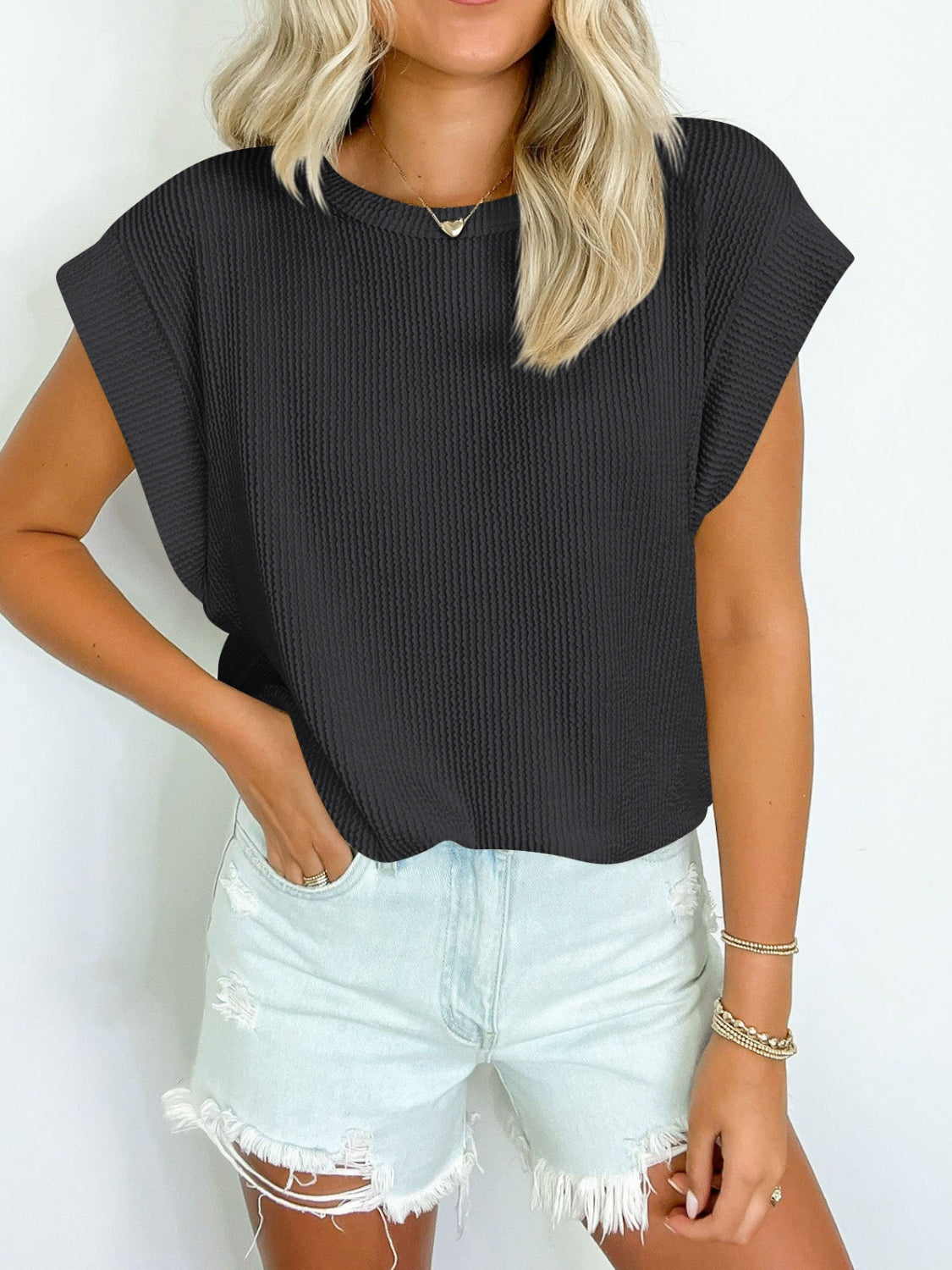 Textured Round Neck Cap Sleeve Blouse nicholesgifts