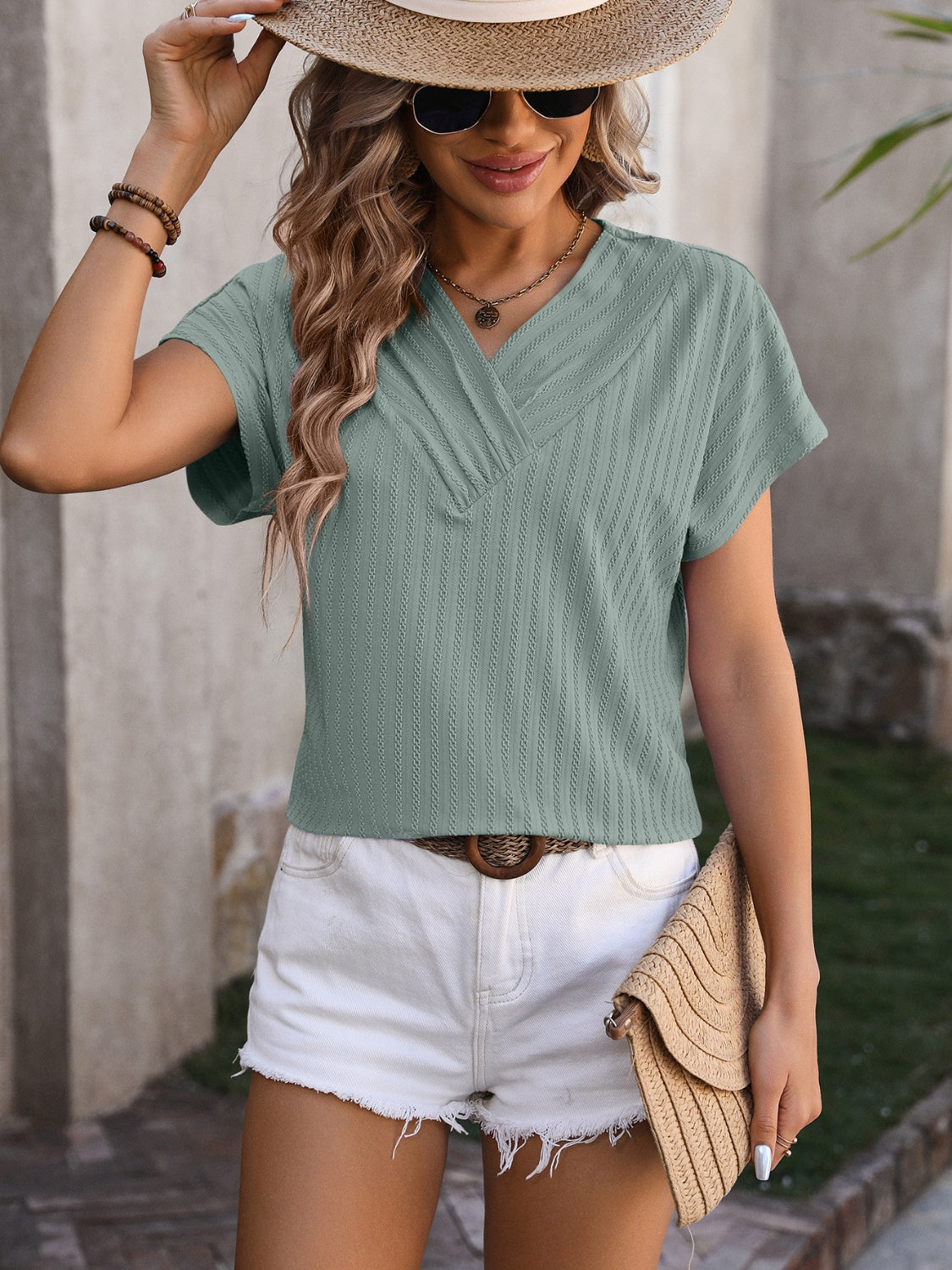 Textured Surplice Short Sleeve Blouse nicholesgifts