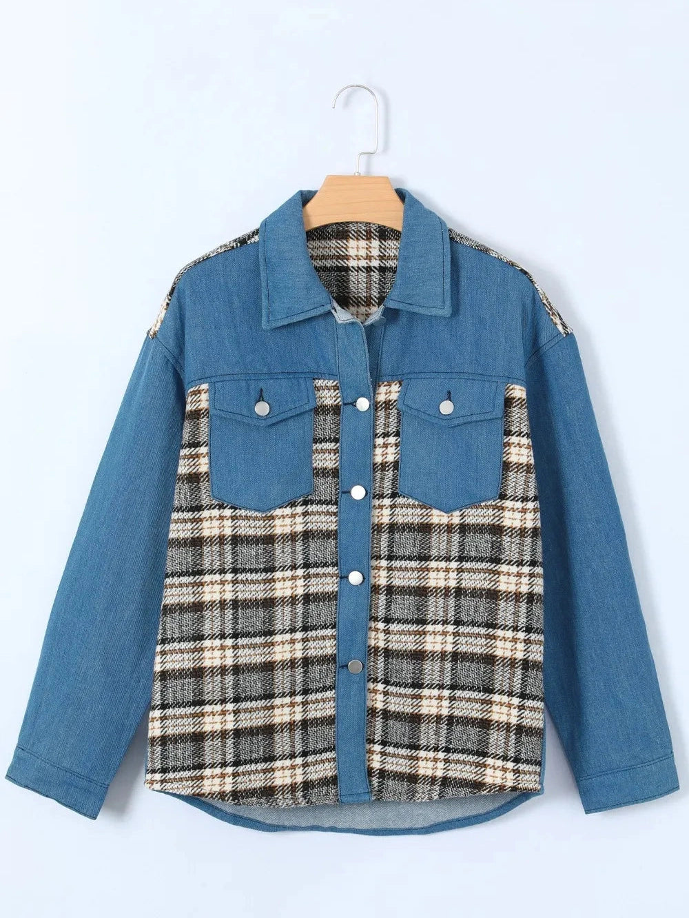 Plaid Pocketed Button Up Denim Jacket nicholesgifts