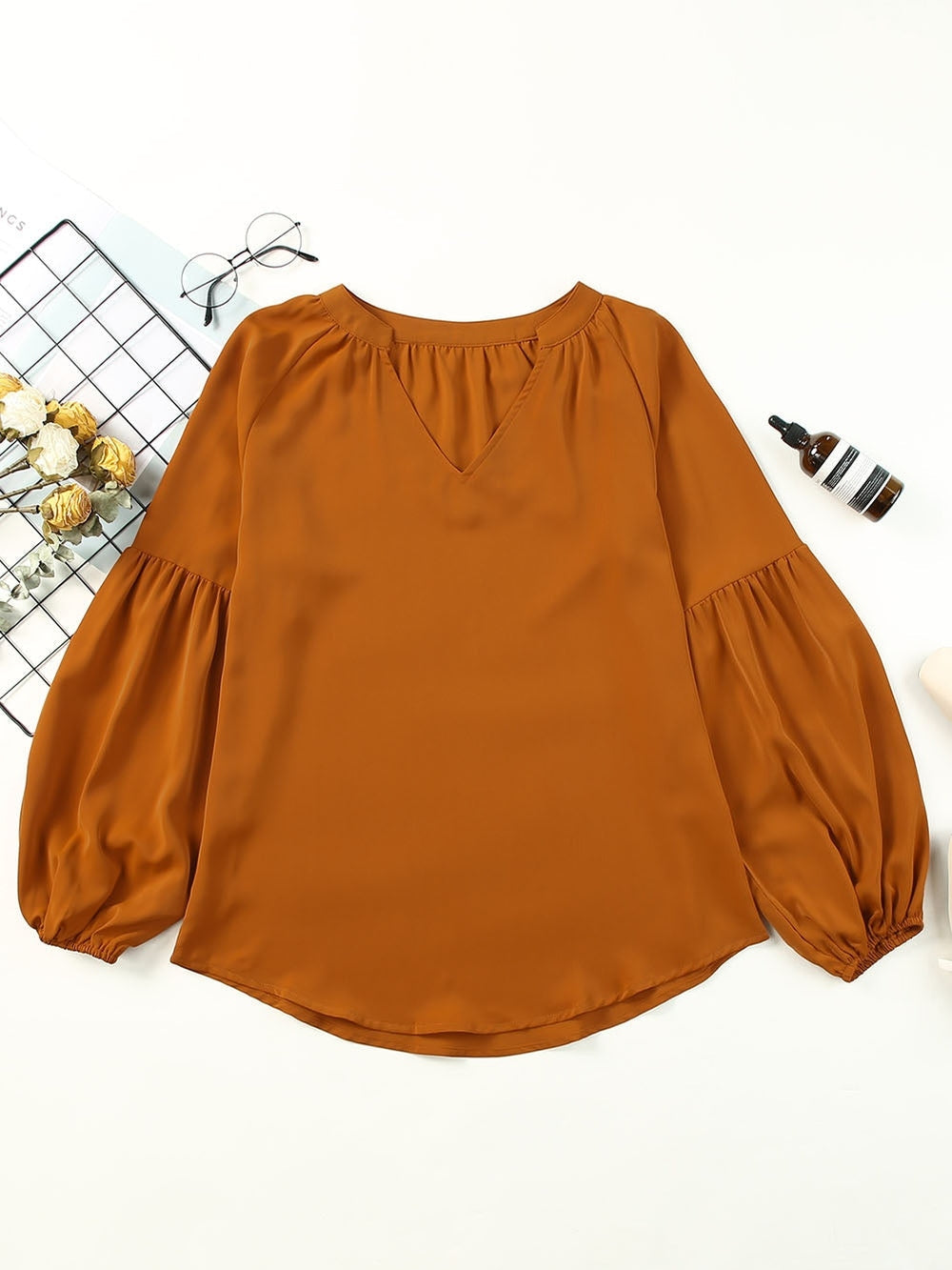 Women Ruched Notched Balloon Sleeve Blouse nicholesgifts