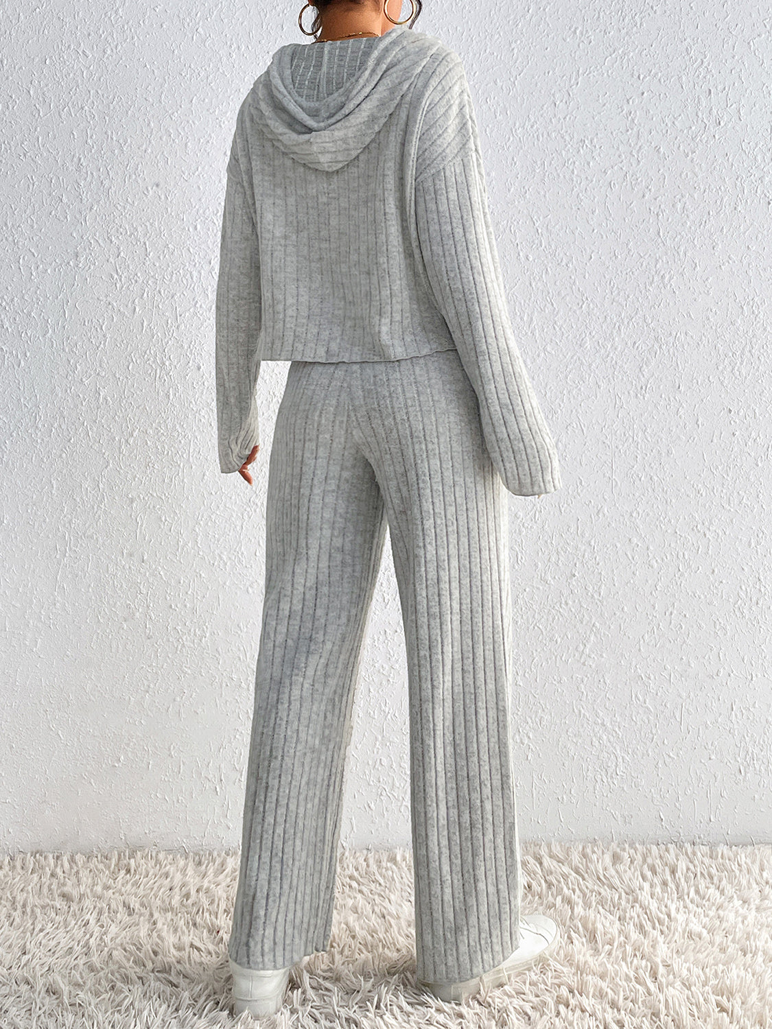 Honey Drawstring Ribbed Hoodie and Straight Leg Pants Set nicholesgifts