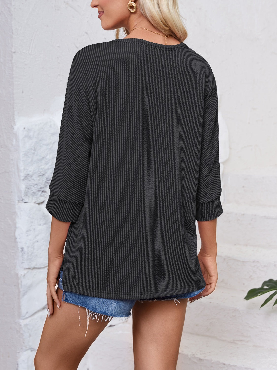 Textured Round Neck Three-Quarter Sleeve Blouse nicholesgifts