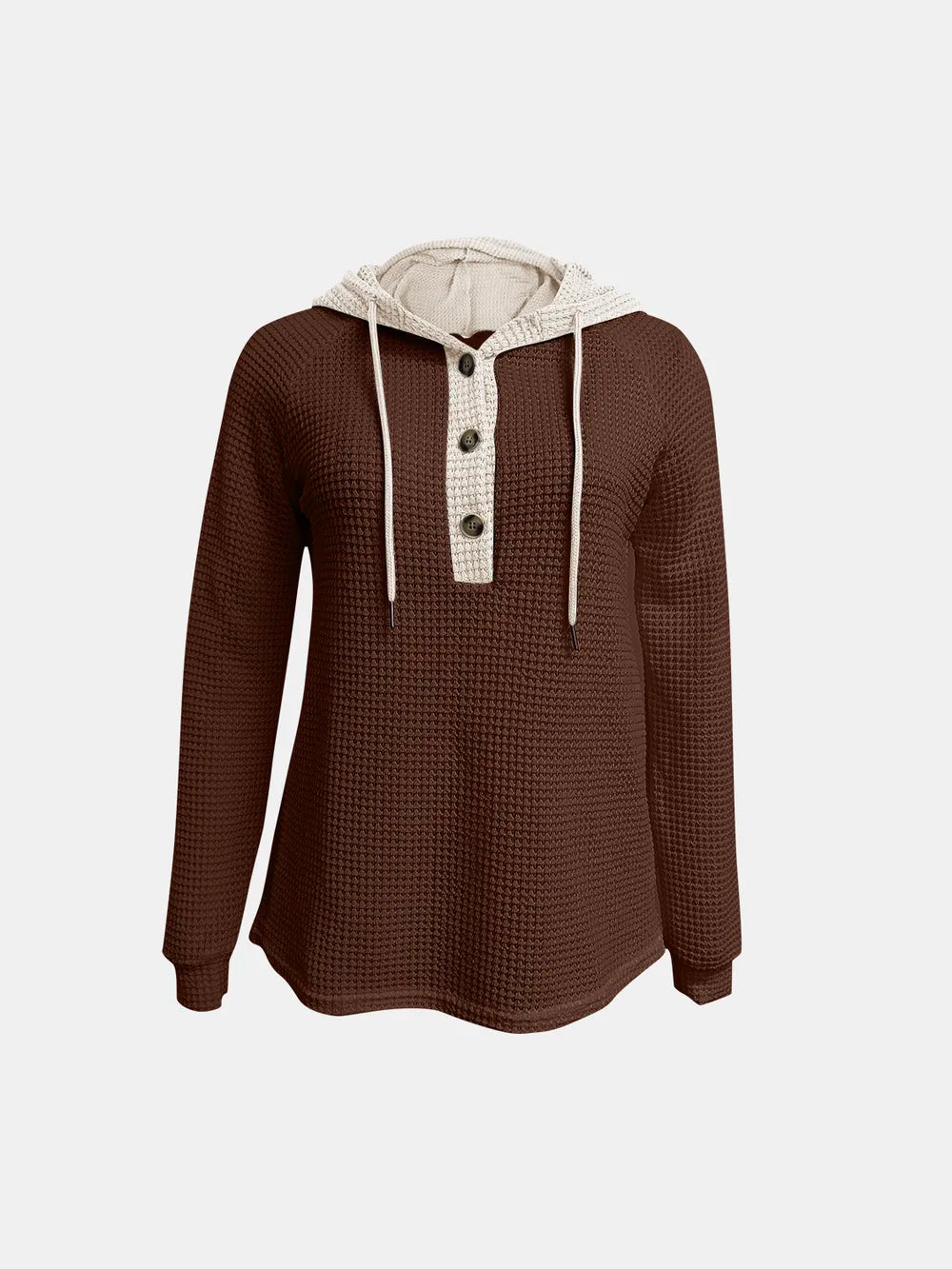 Full Size Waffle-Knit Contrast Long Sleeve Hoodie Trendsi