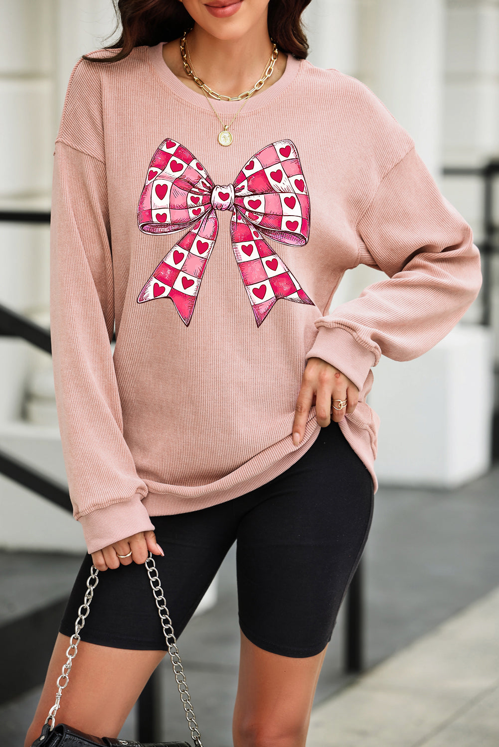NicholesGifts Women Valentine’s Day Bow Drop Shoulder Long Sleeve Sweatshirt NicholesGifts