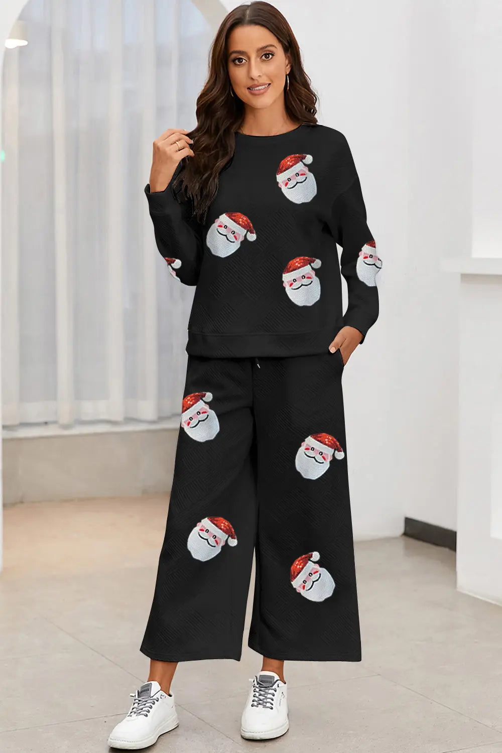 Santa Sequin Round Neck Top and Pants Set NicholesGifts