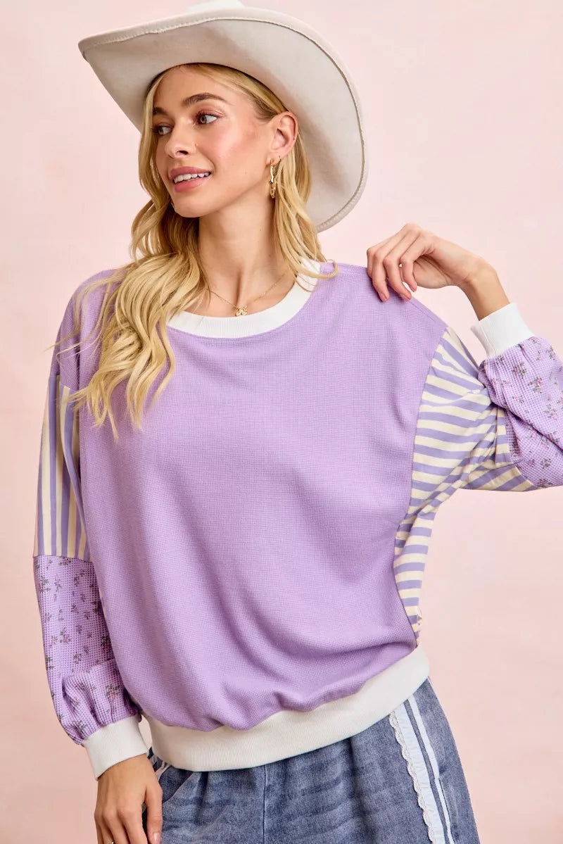BiBi Mix and Match Sweatshirt with Floral Sleeve Striped Trendsi