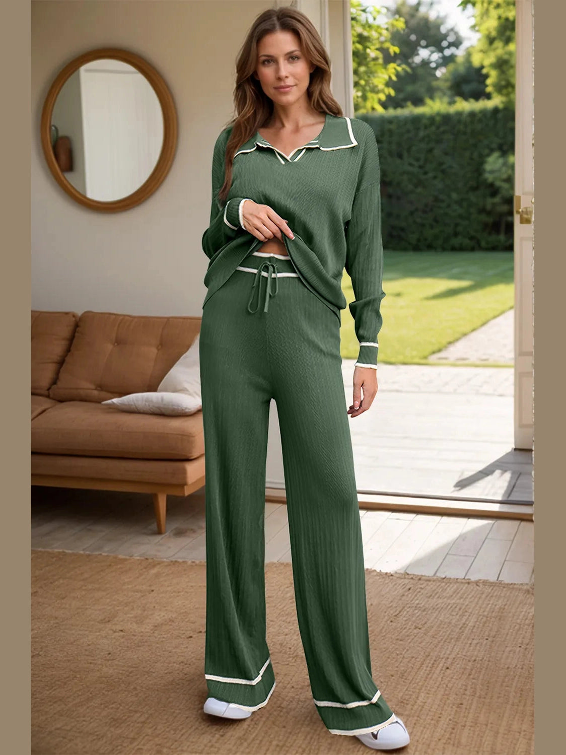 Contrast Trim Johnny Collar Top and Drawstring Pants Sweater Set nicholesgifts
