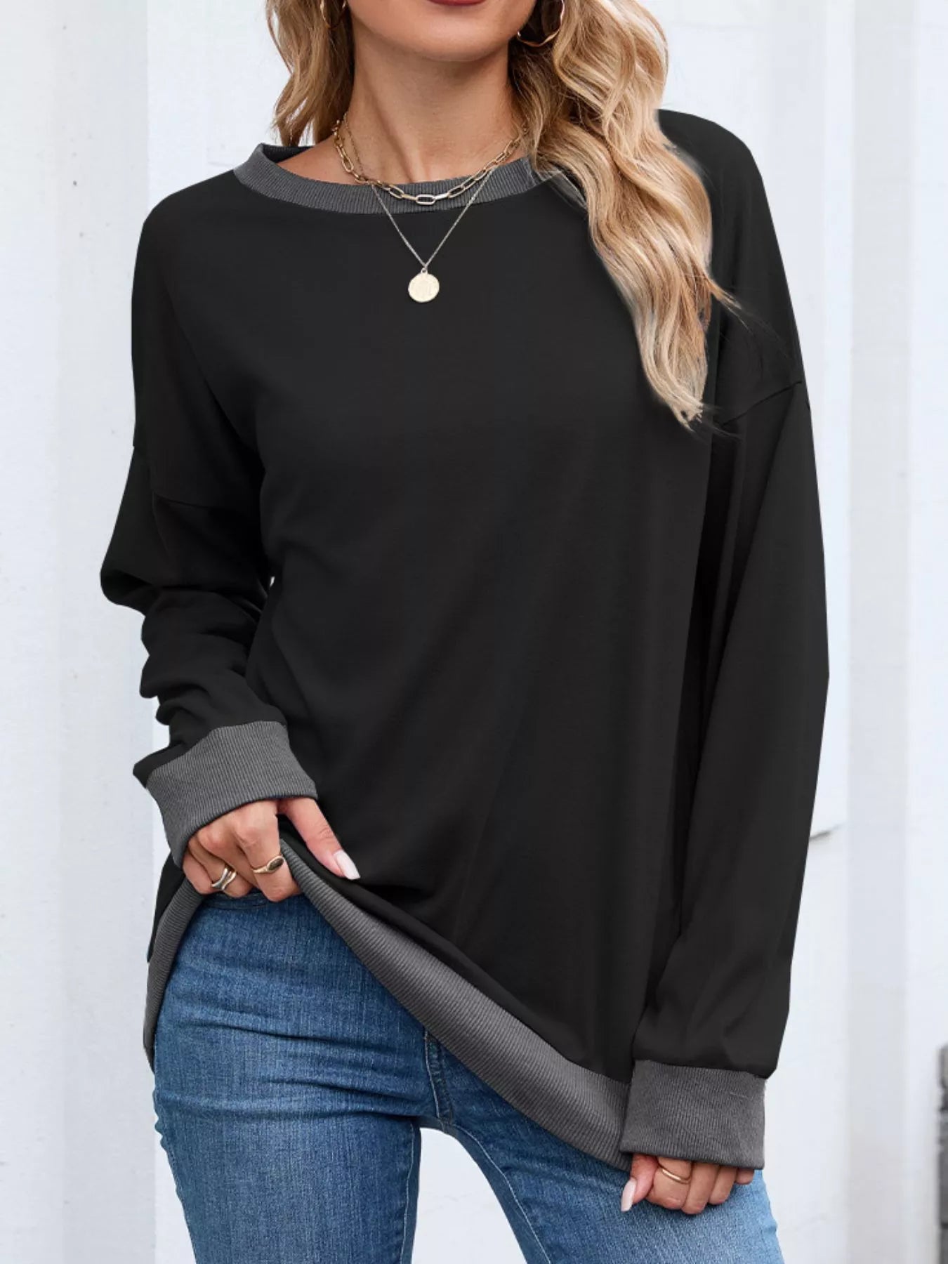 Contrast Trim Long Sleeve Sweatshirt Trendsi