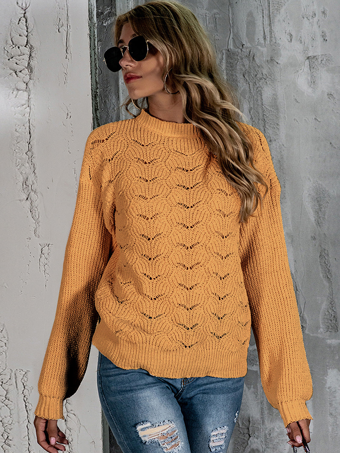 Openwork Mock Neck Long Sleeve Sweater NicholesGifts