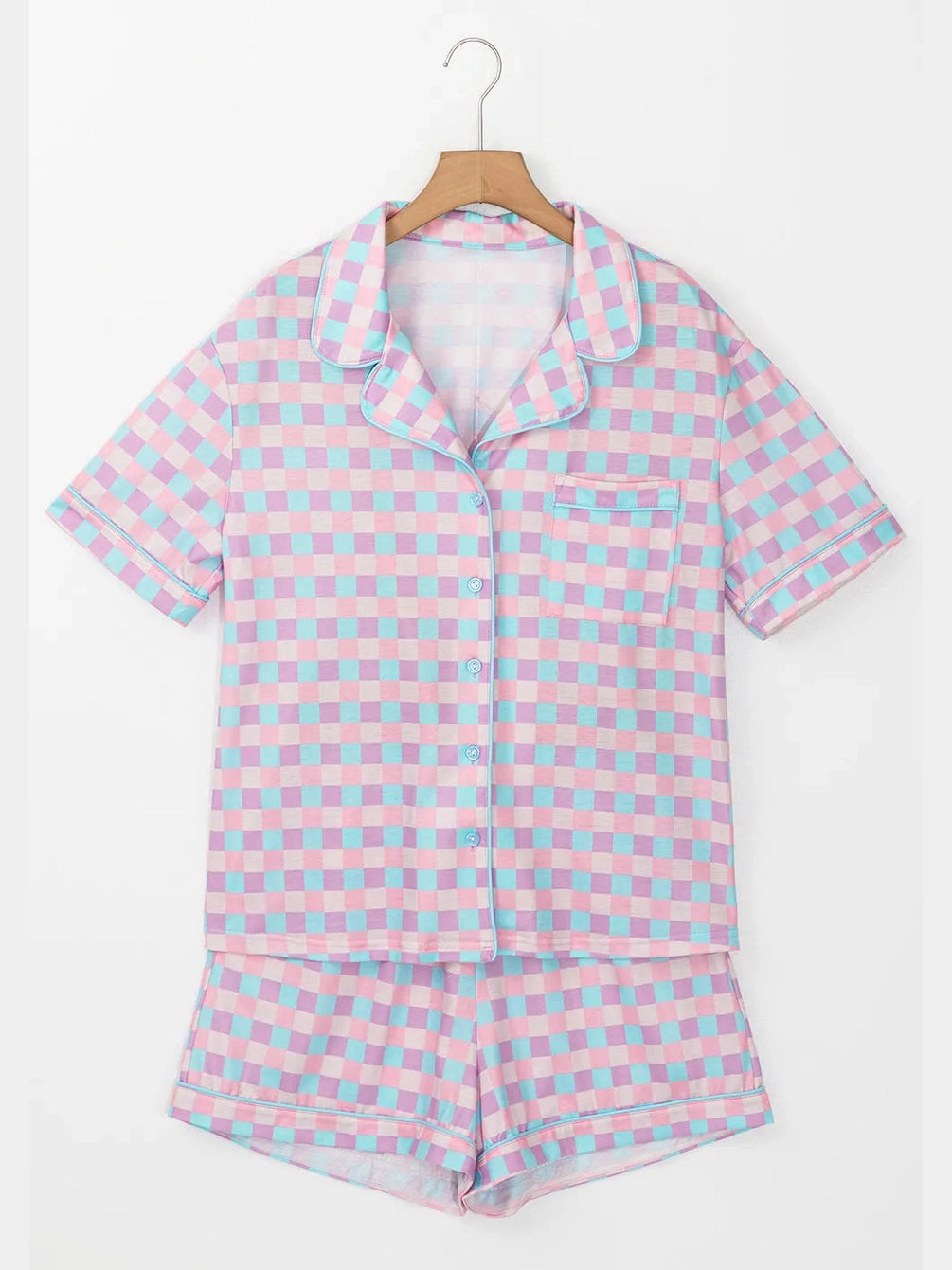 Plaid Collared Neck Short Sleeve Top and Shorts Lounge Set nicholesgifts