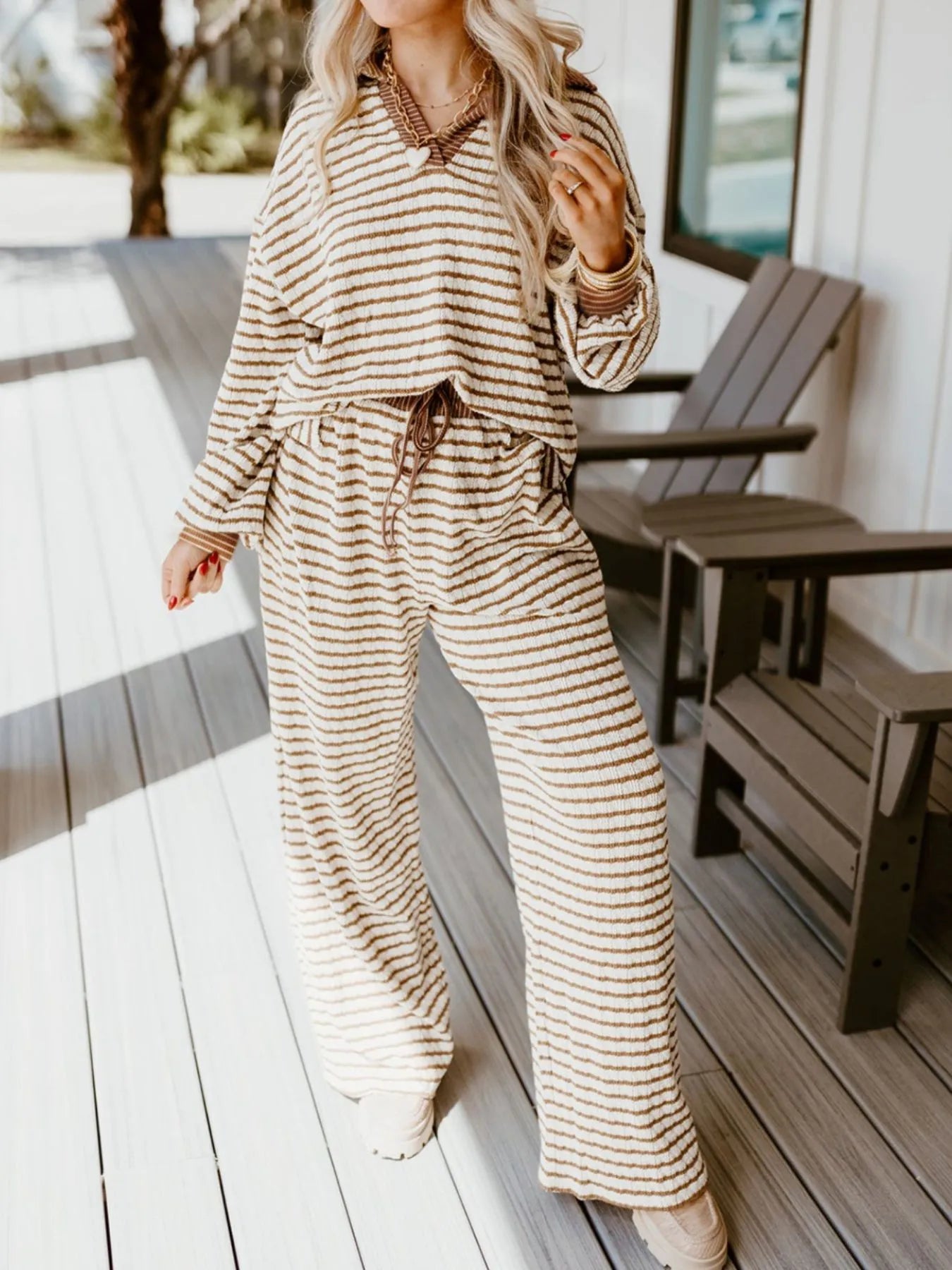 Stripe Collared Top and Drawstring Pant Set Trendsi