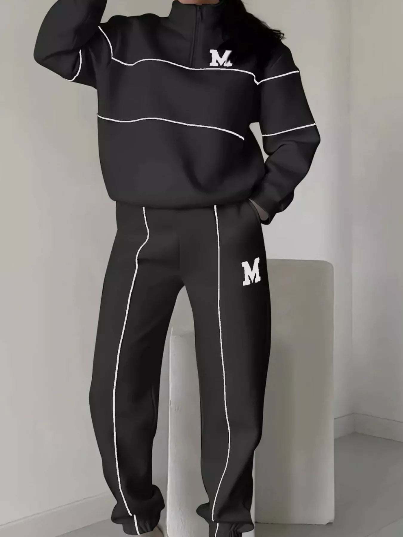 Full Size Striped Quarter Zip Top and Pants Set Plus Size nicholesgifts