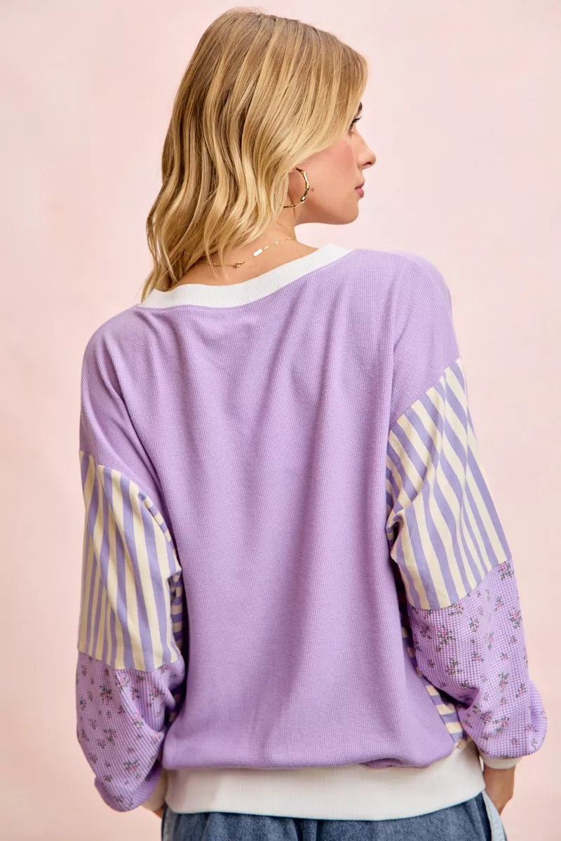 BiBi Mix and Match Sweatshirt with Floral Sleeve Striped Trendsi