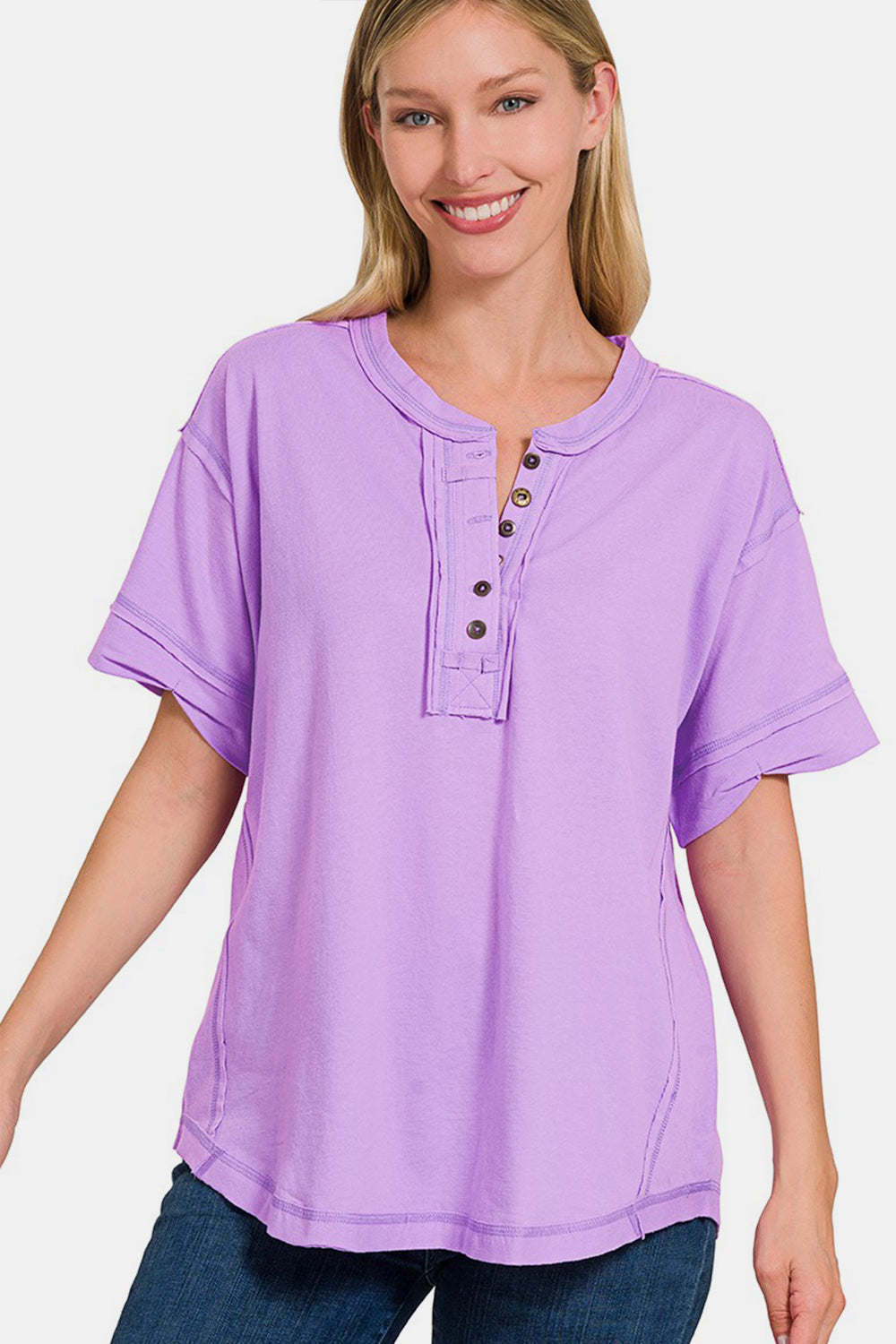 Zenana Exposed Seam Half Button Short Sleeve Top nicholesgifts