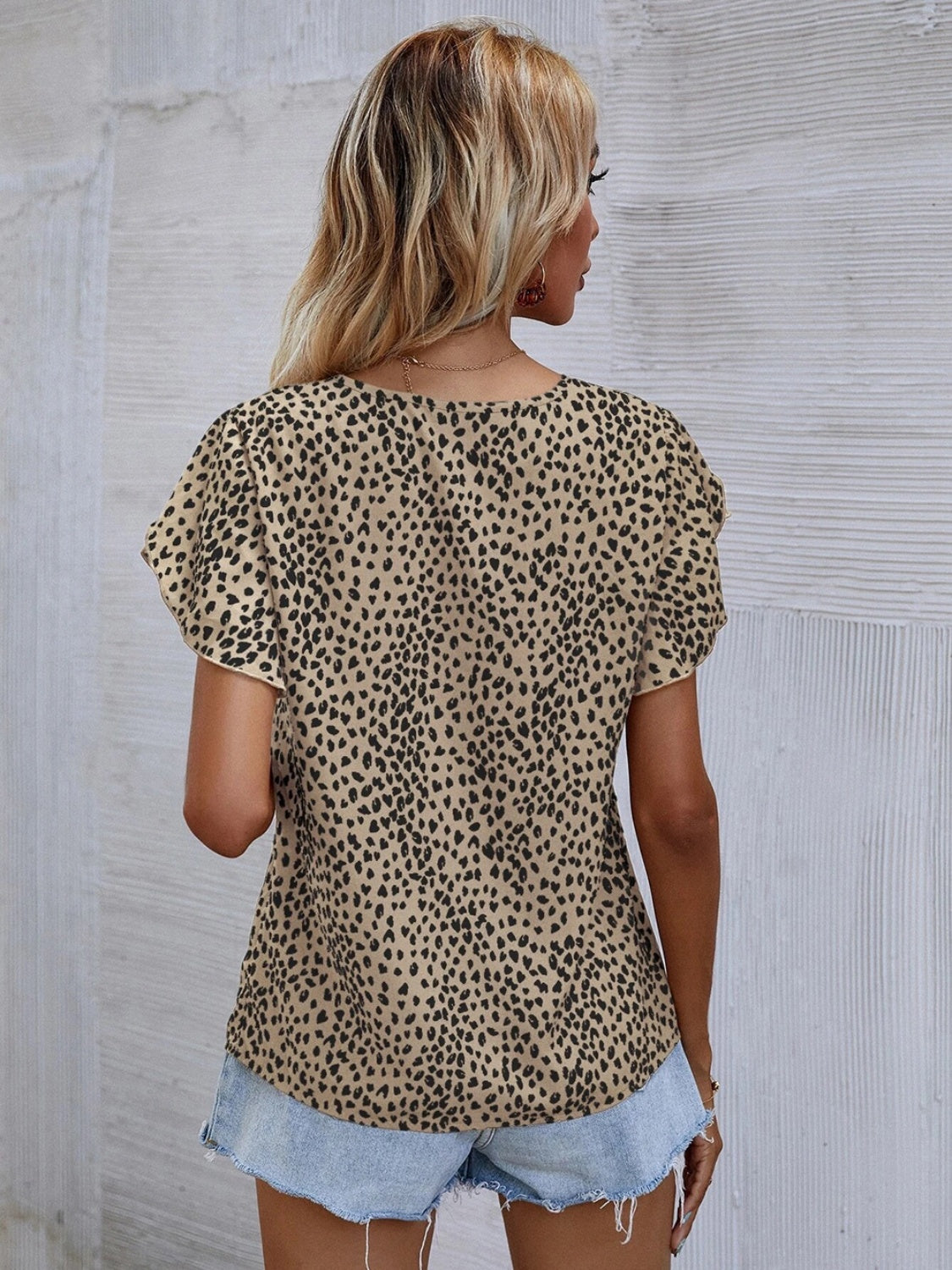 Women Printed V-Neck Petal Sleeve Blouse nicholesgifts