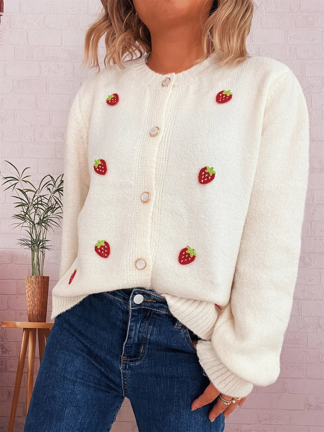 Strawberry Button Up Long Sleeve Cardigan Trendsi