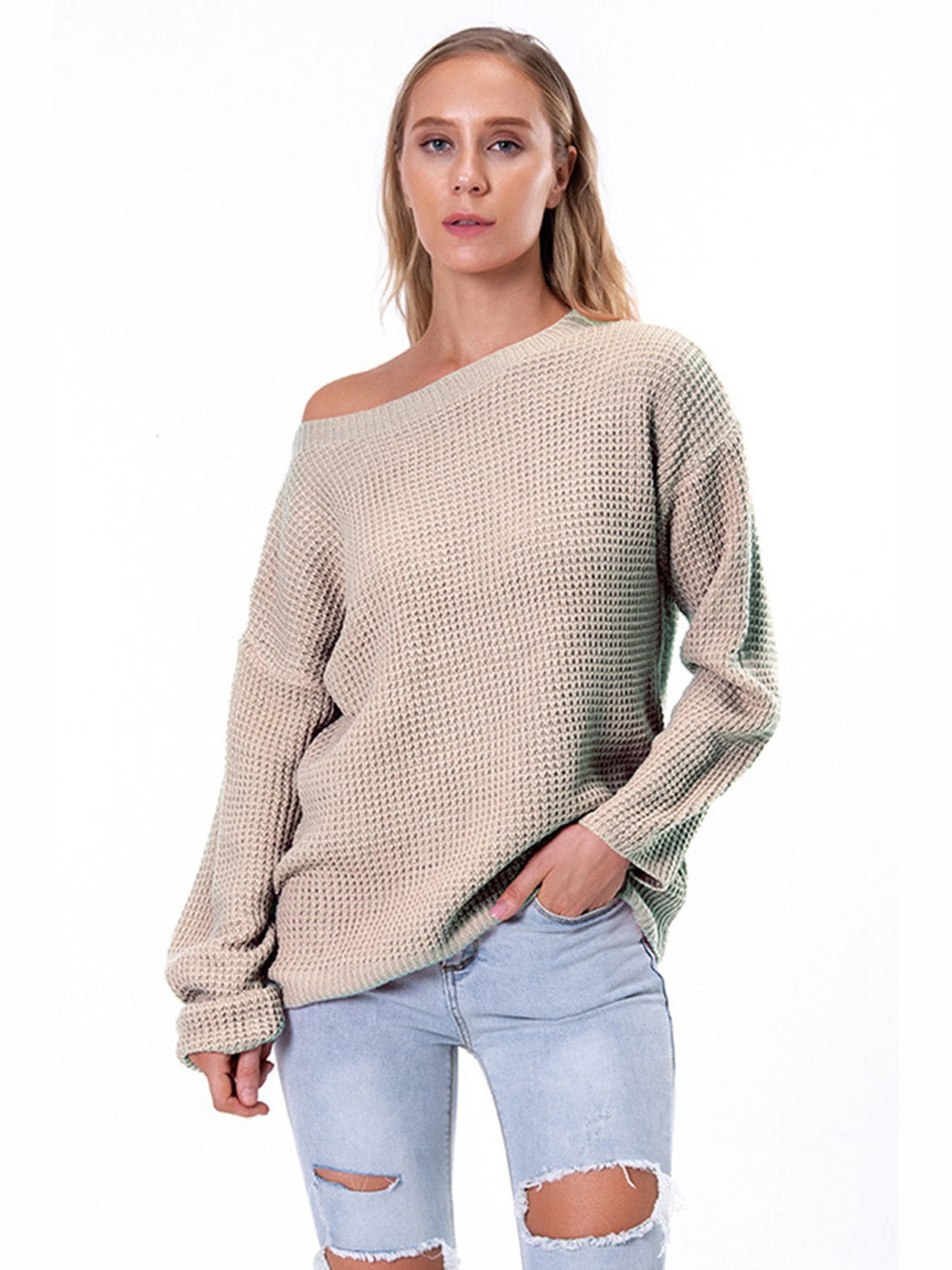 Boat Neck Drop Shoulder Long Sleeve Sweater nicholesgifts