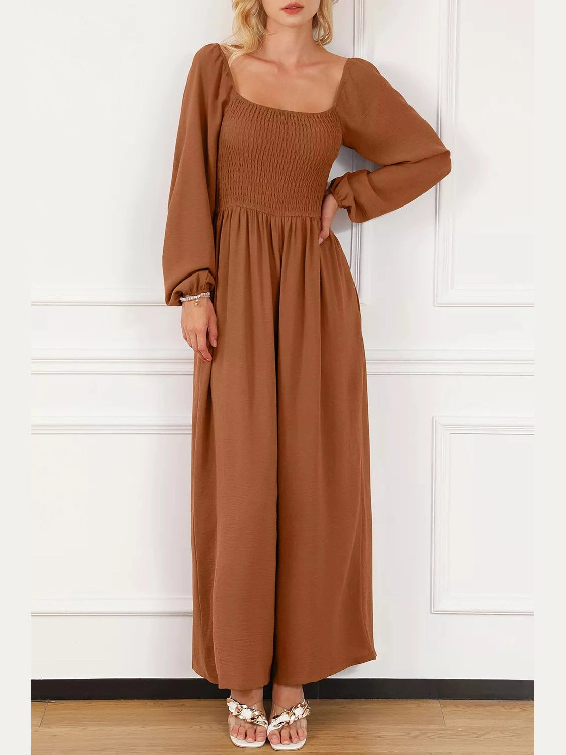 Boho Smocked Square Neck Wide Leg Jumpsuit nicholesgifts