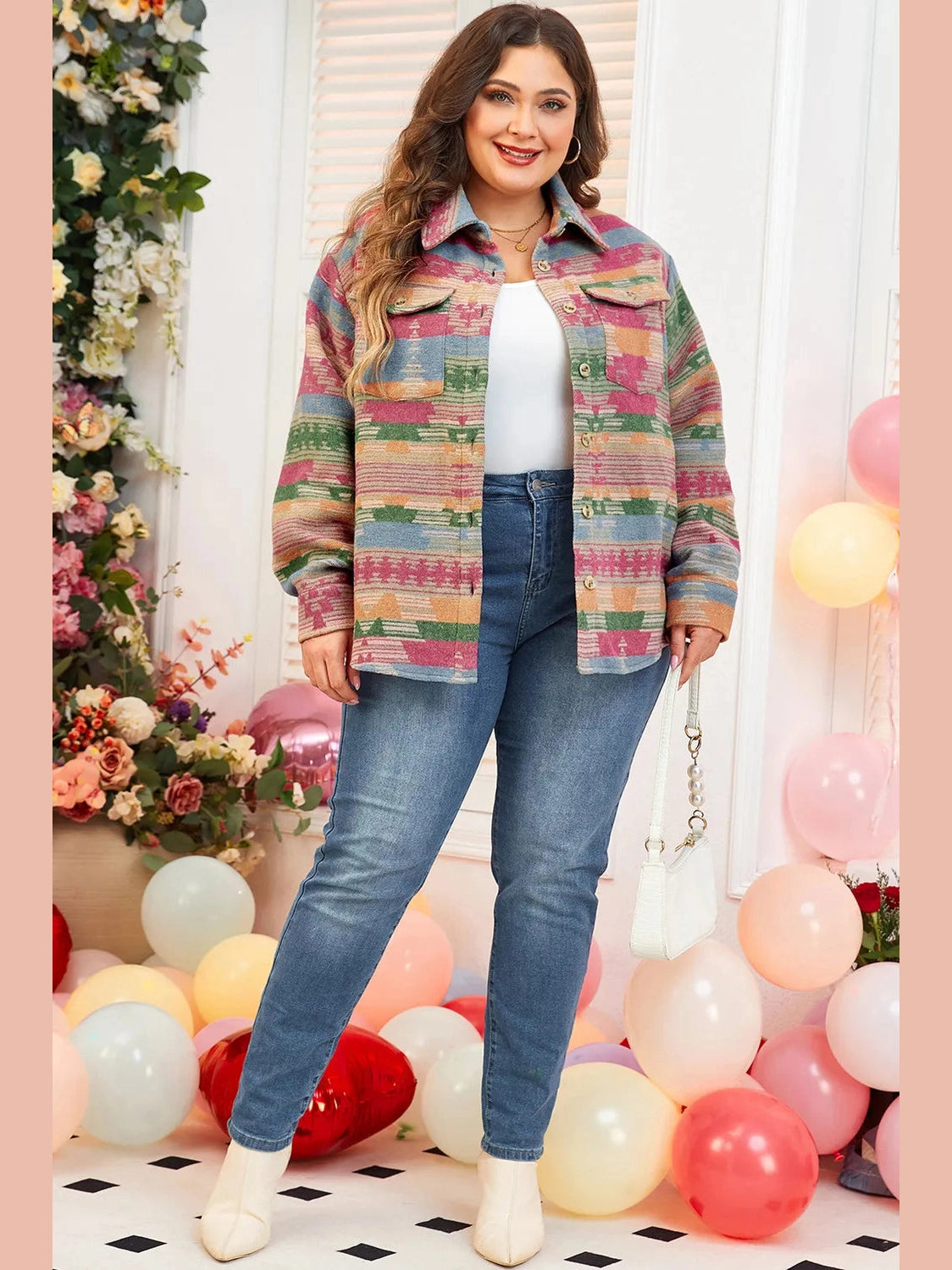 Plus Size Pocketed Printed Collared Neck Jacket Trendsi