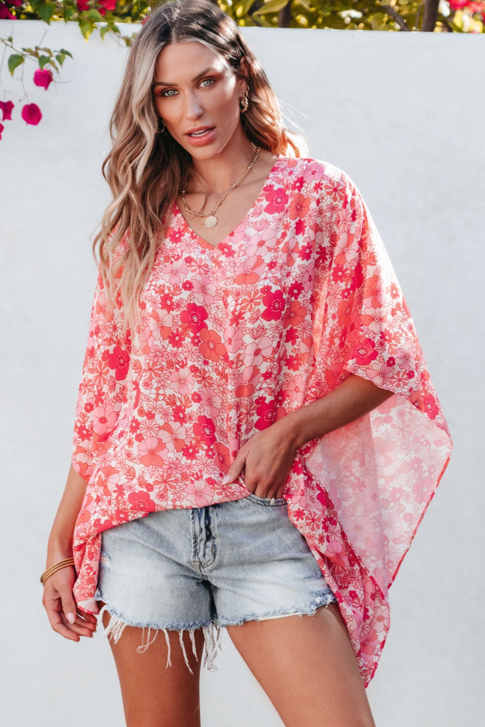 Floral V-Neck Three-Quarter Sleeve Blouse nicholesgifts