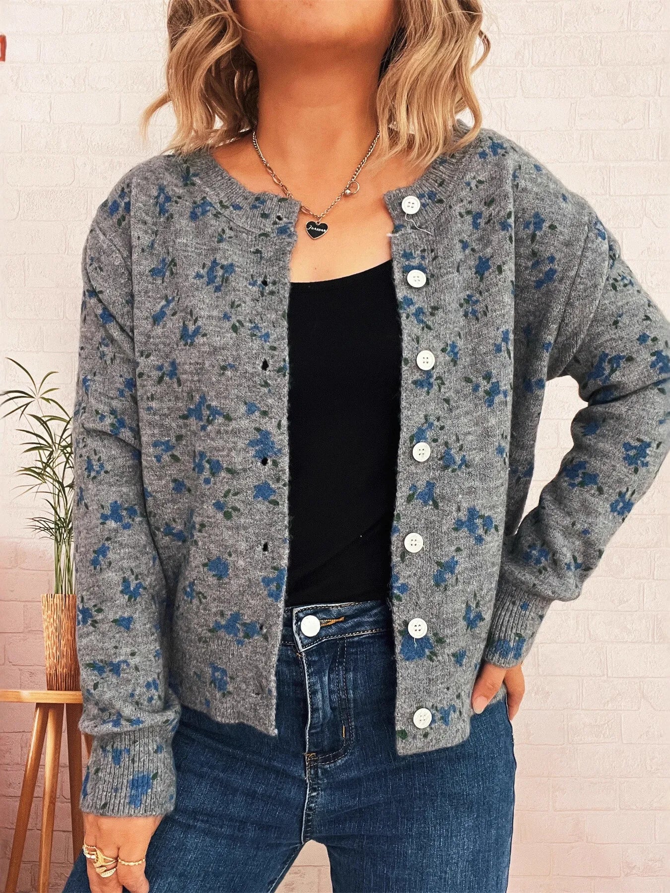 Floral Button-Up Long Sleeve Cardigan