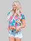 Ruffled Printed Notched Cap Sleeve Blouse nicholesgifts