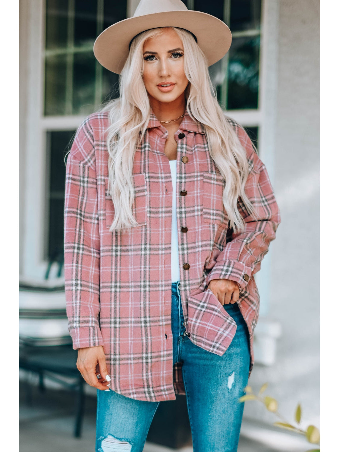 Plaid Curved Hem Dropped Shoulder Longline Shirt Jacket nicholesgifts