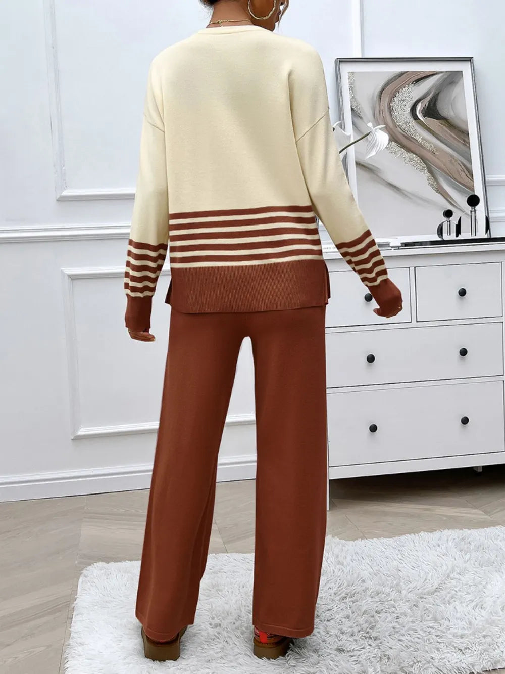 Devine Slit Striped Round Neck Top and Pants Sweater Set nicholesgifts