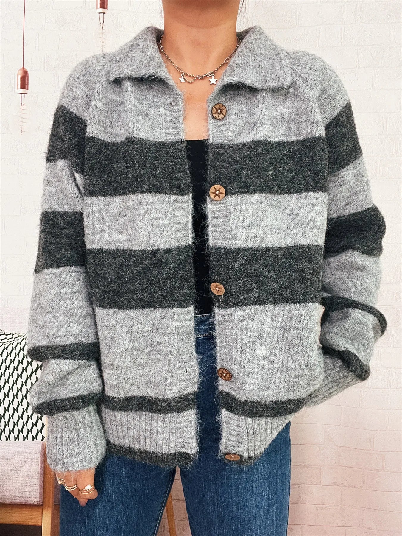 Striped Button-Up Cozy Cardigan