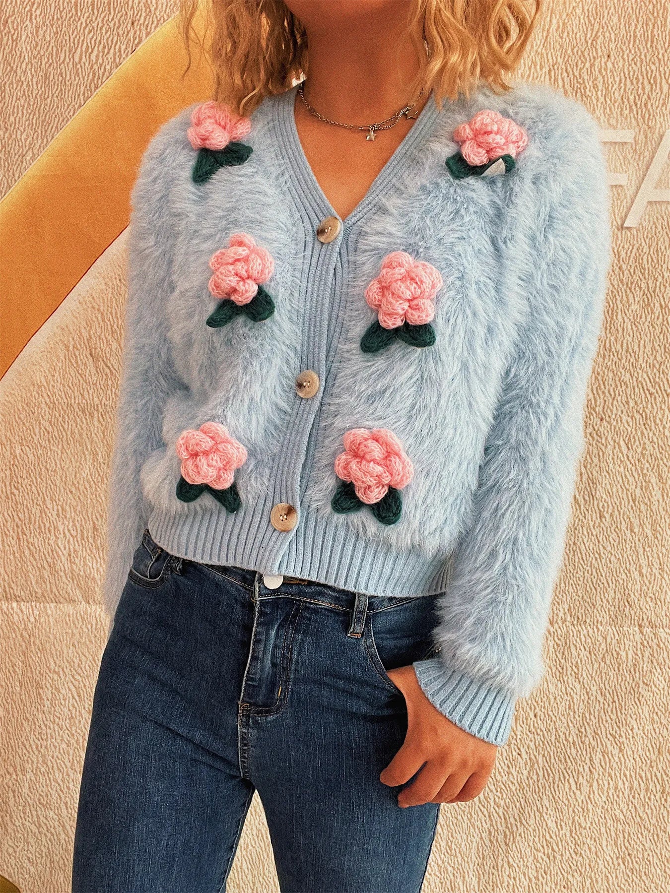 Flower Fuzzy Button-Up Cardigan