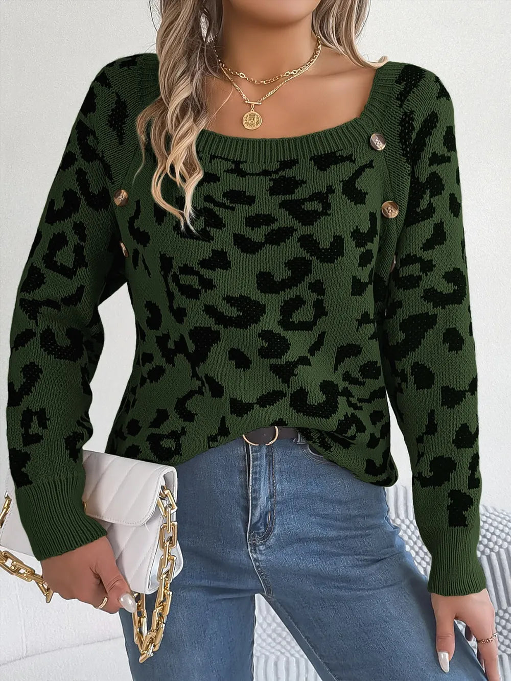 Leopard Buttoned Square Neck Sweater Trendsi