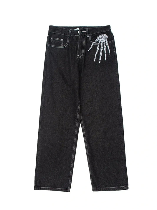Men's Skeleton Embroidered Straight Leg Jeans Trendsi