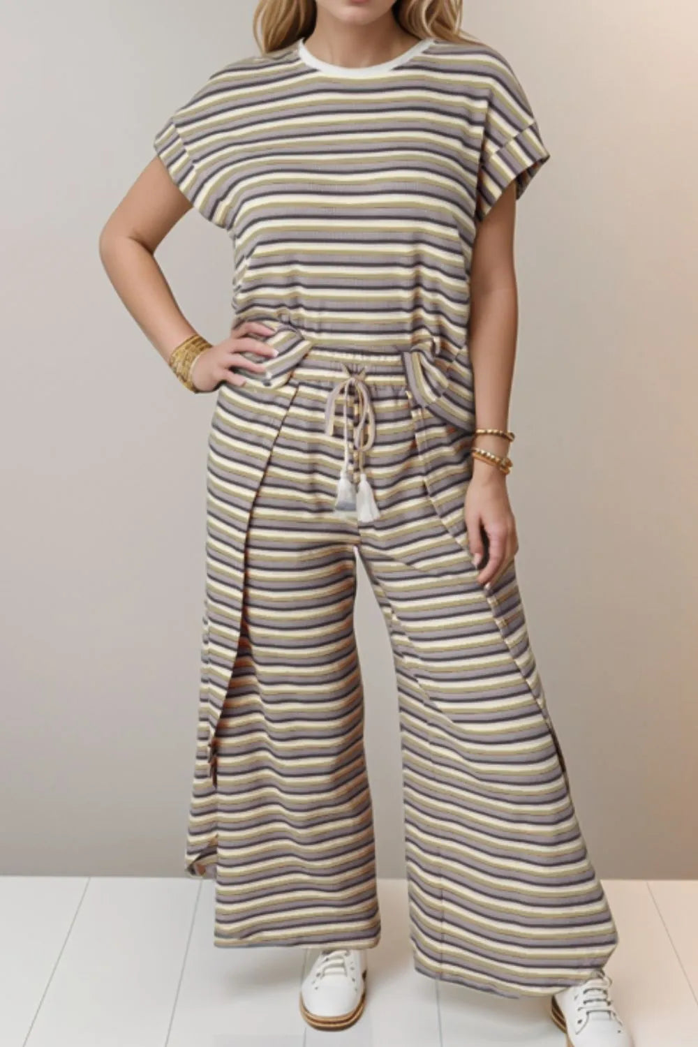 Striped Round Neck Short Sleeve Top and Pants Set NicholesGifts