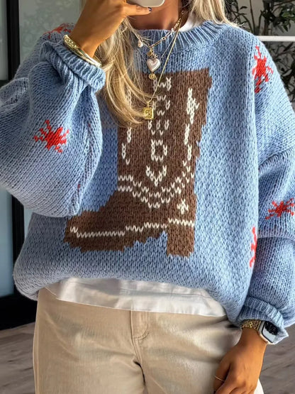 Boot Pattern Round Neck Dropped Shoulder Sweater nicholesgifts