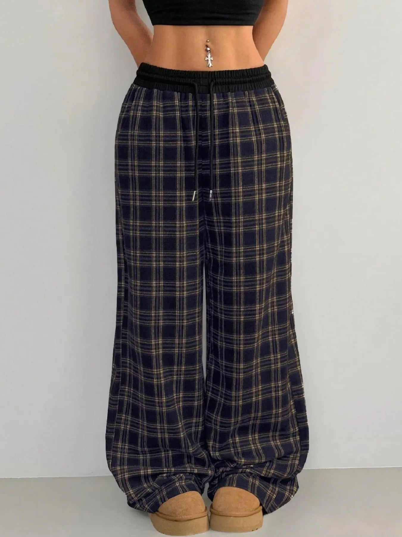 Plaid Wide Leg Pants with Drawstring Waist Trendsi